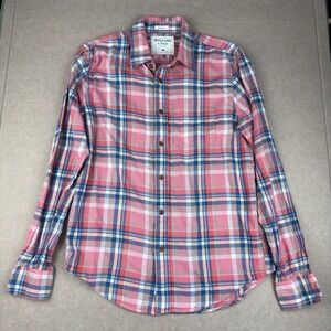 Abercrombie Fitch Shirt Women's M Pink‎ Blue Plaid Muscle Longsleeves Button Up